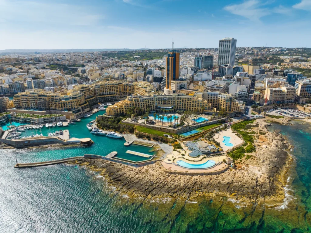 Beautiful view of St. Julian's city and buildings, Malta