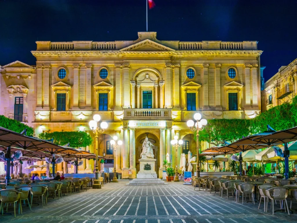 Night view of the beautiful national library in Valletta